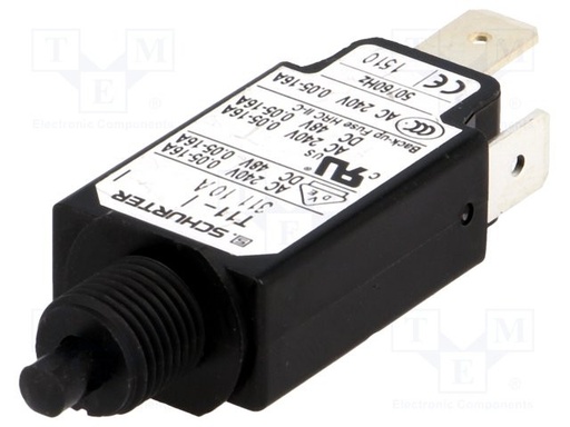 [T1131110A] Interruptor magnetotérmico rearmable 240VCA 10A Ø9,6mm. Mod. T11-311-10A