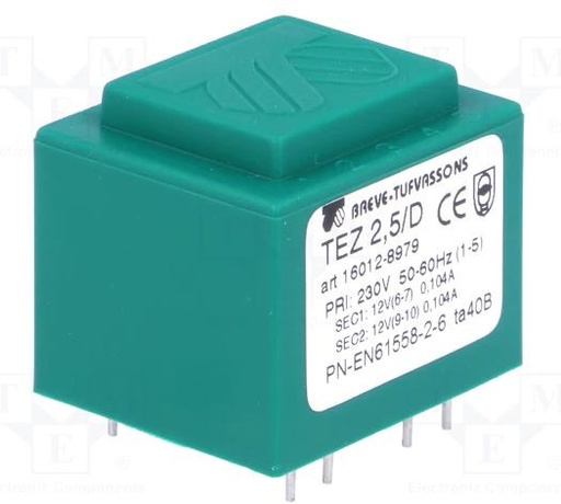 [TEZ25D1212VTME] Transformador cerrado 2.5VA 230VCA 2X12V 2X104.1mA PCB. Mod. TEZ2.5/D230/12-12V
