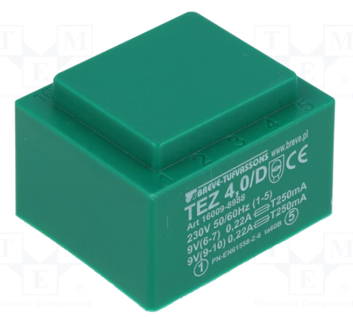 [TEZ4D99VTME] Transformador encapsulado 230V AC a 2X9V AC 4VA 2X0.22A. Mod. TEZ4/D/9-9V