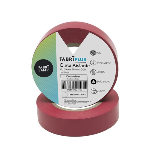 [190212007FAB] Cinta aislante PVC roja 19MMX20M flexible y duradera. Mod. 190212007