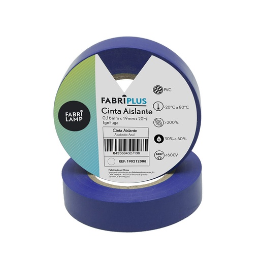 [190212008FAB] Cinta aislante PVC azul 19MMX20M flexible y duradera. Mod. 190212008