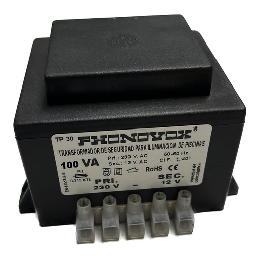 [31738ELK] Transformador piscina 100VA 230V a 12VAC Phonovox. Mod. TP31100